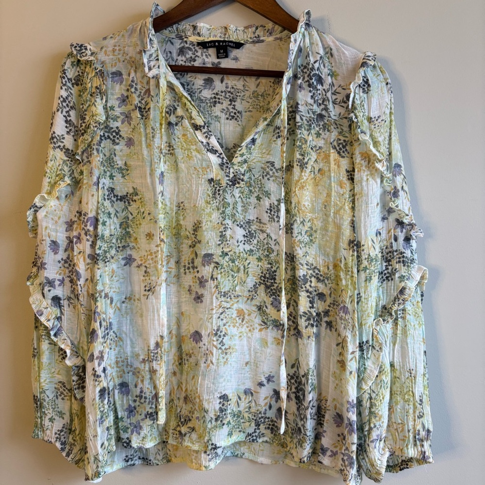 Zac & Rachel Floral Ruffle Blouse Medium | Boho Cottagecore Tie Neck Top